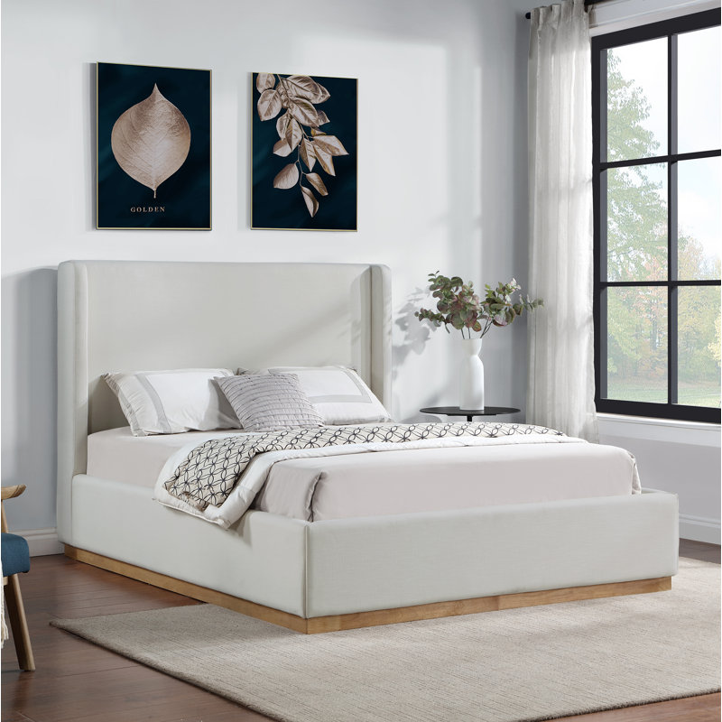 Aaryah Earby Upholstered Panel Bed, Queen, Cream Linen Textured Fabric