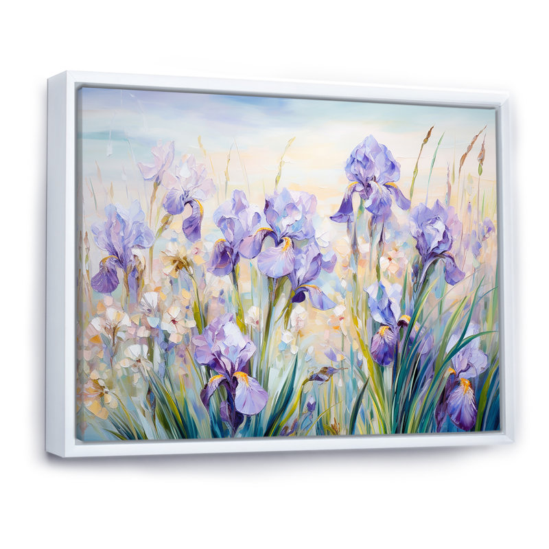 Mauve iris, charme champêtre - fleurs, art mural, Cadre flottant blanc, H 34 po x l 44 po x P 1,5 po