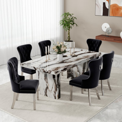 Cavira 7-Piece Modern Dining Set, Faux Marble Dining Table With Four Chairs, Black
