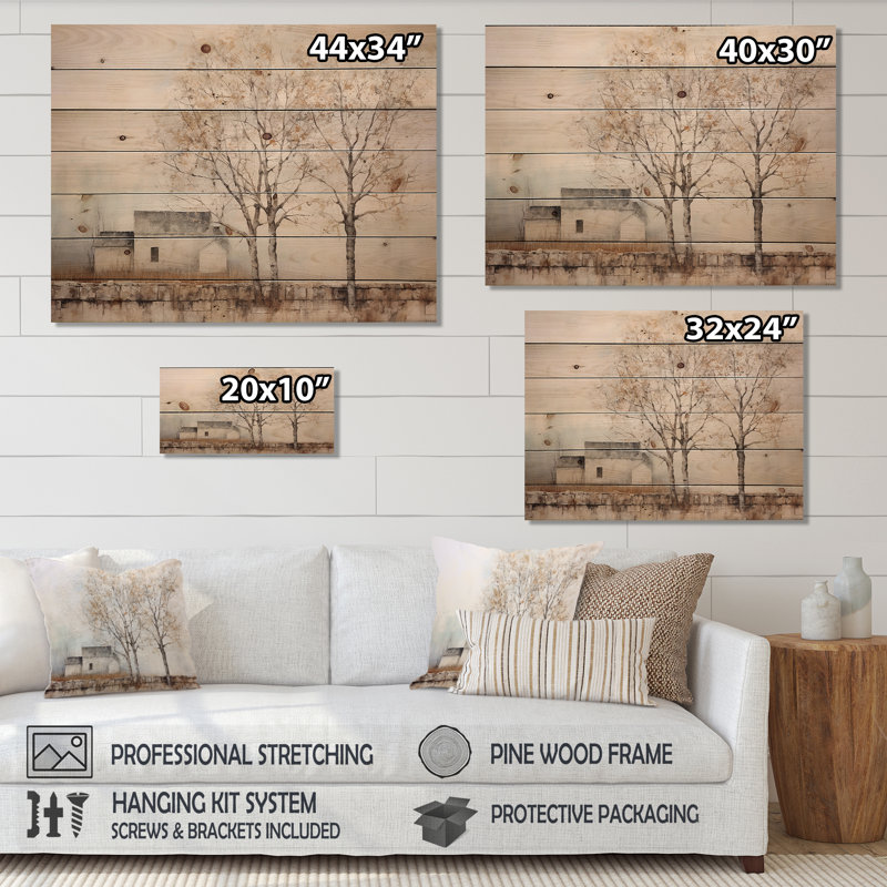 «Trees Farmhouse Still Life - Trees Wood», art mural sur bois de pin naturel, H 30 po x l 40 po
