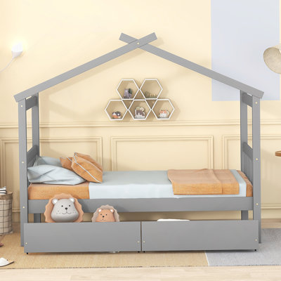 Wooden House Bed with Drawers