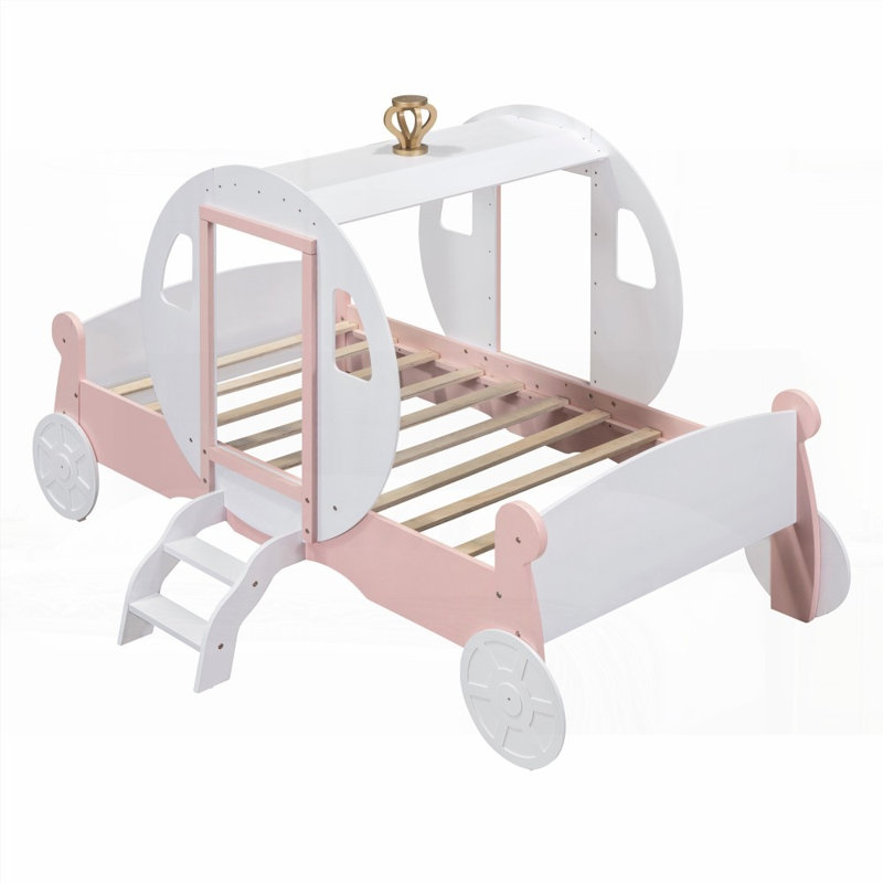 Lit plateforme voiture en bois avec escalier, Blanc / rose 