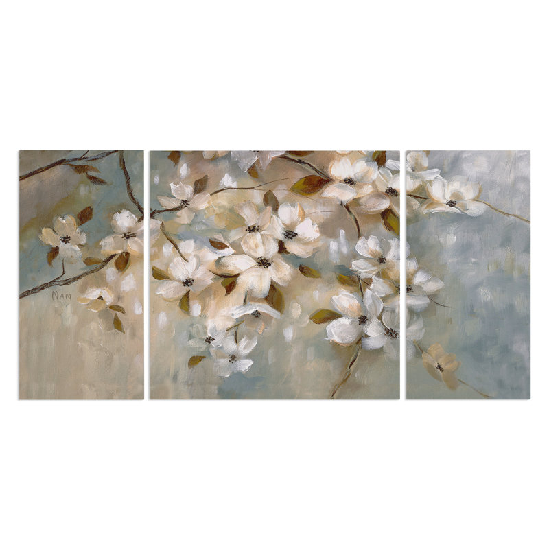 «Blossoms Of May», peinture sur toile 3 pièces, H 24 po x l 48 po x P 1,5 po