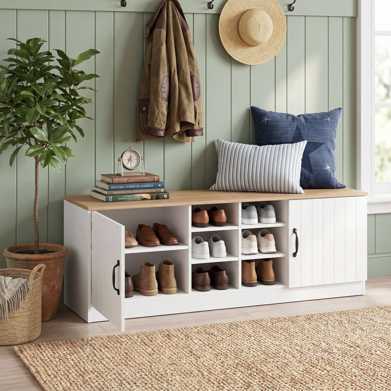 2-Door Padded Shoe Storage Bench Cabinet, Adjustable Removable Shelves & Anti-Tip Design, Scratch-Resistant Finish Suitable For Entryway