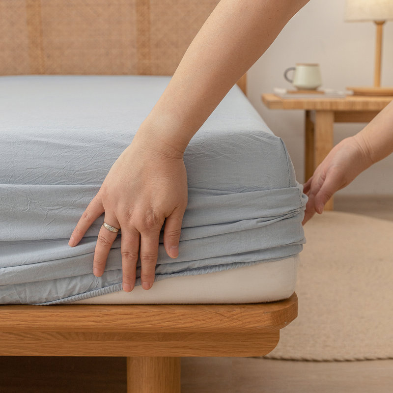 BESTOUCH Fitted Sheet 100% Washed Cotton Linen Feel Easily Fits Deep Pockets, King Fitted Sheet, Cornflower Blue