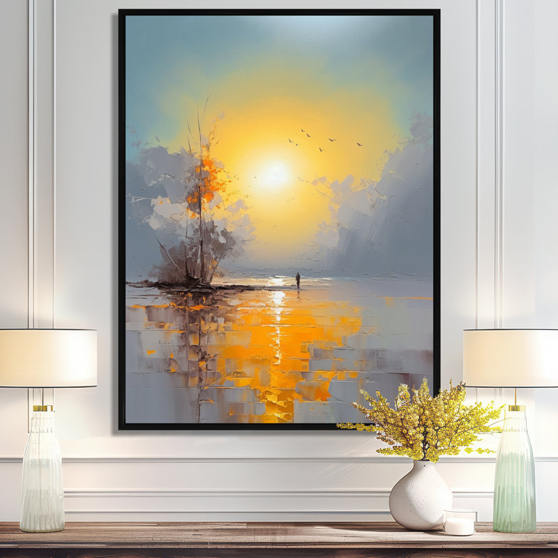 Arbre unique dans un lac sous un soleil jaune pâle - plage et océan, art mural, H 20 po x l 12 po x P 1 po