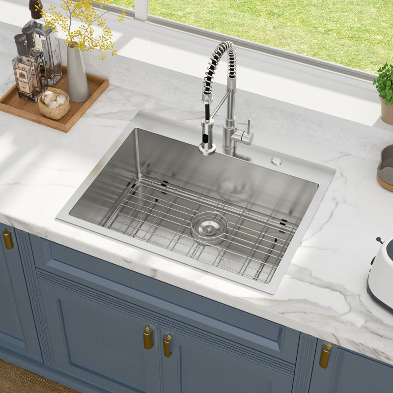 28" L x 22" W Drop-in Kitchen Sink 16 Gauge Stainless Steel Kitchen Sink Topmount Single Bowl Sink, Brushed Nickel