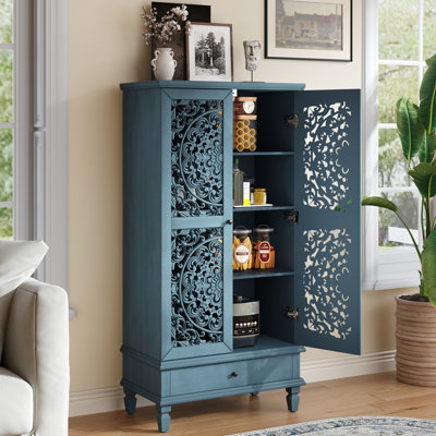 Armoire de rangement rustique de 55 po de hauteur avec tiroir, armoire décorative à 2 portes en bois sculpté avec pieds en bois massif pour le salon, le couloir, la salle à manger, bleu antique