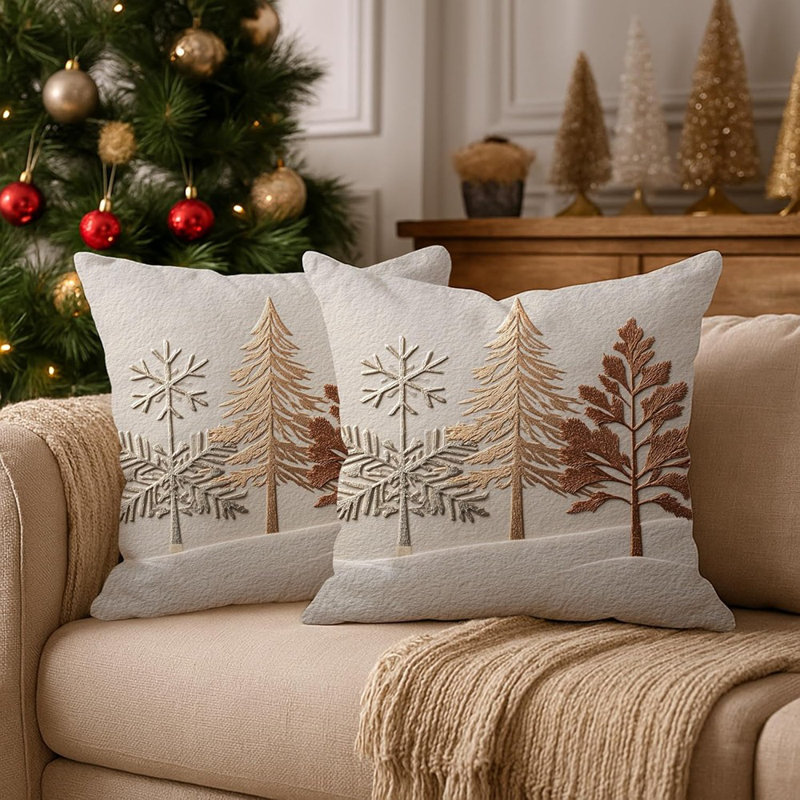 Housses de coussin flocon de neige - beige - 18 x 18 pouces, velours doux, pin rustique d'hiver et bouleau