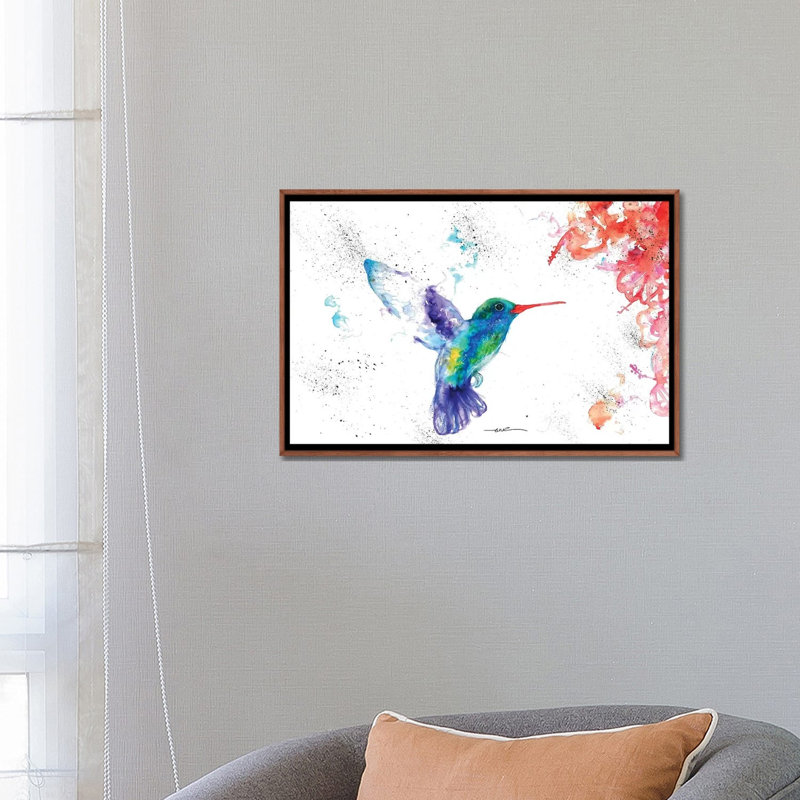 Colibri et fleur I par BebesArts - reproduction d'art, H 18 po x l 26 po x P 1,5 po, Toile avec cadre en bois brun classique