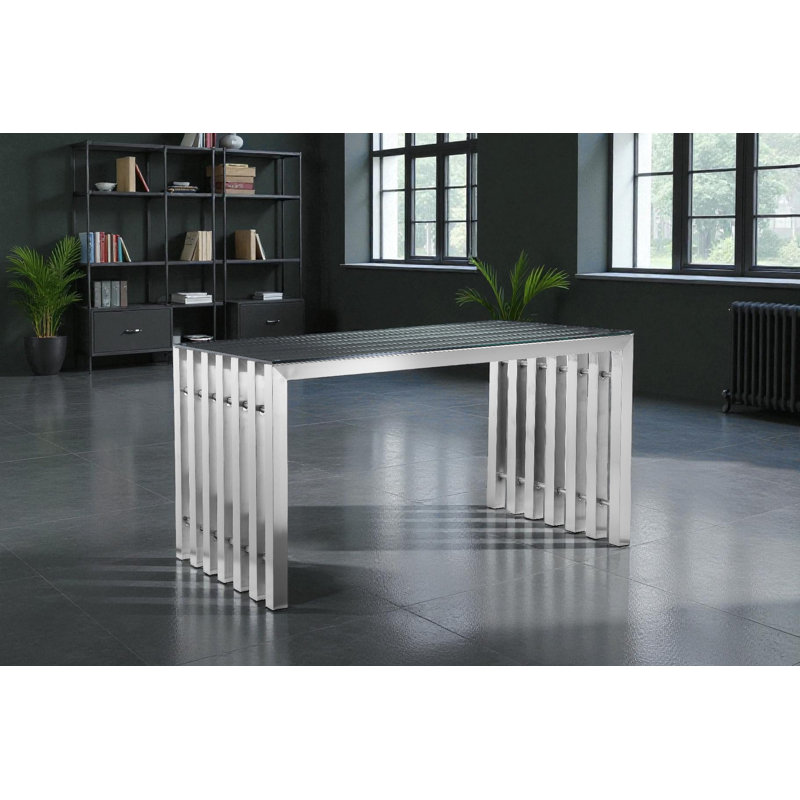     Pangea Home Vlad Glass Modern Metal Desk – Brushed Steel Writing Desk, Industrial Contemporary Writing Executive Office Table, Silver Finish