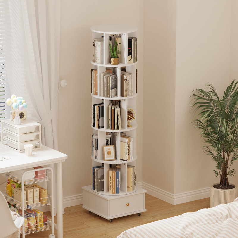 5-Tier Rotating Bookcase with Wheels and Drawers, 360° Swivel Corner Bookshelf, Solid Wood Storage Tower with Lockable Casters, Narrow Spinning Organizer for Living Room, Bedroom(White)