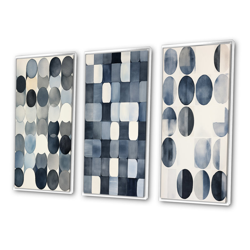 «Gentle Indigo Secrets Circular Retro Watercolor II», ensemble d'art mural abstrait géométrique de 3, Cadre flottant blanc