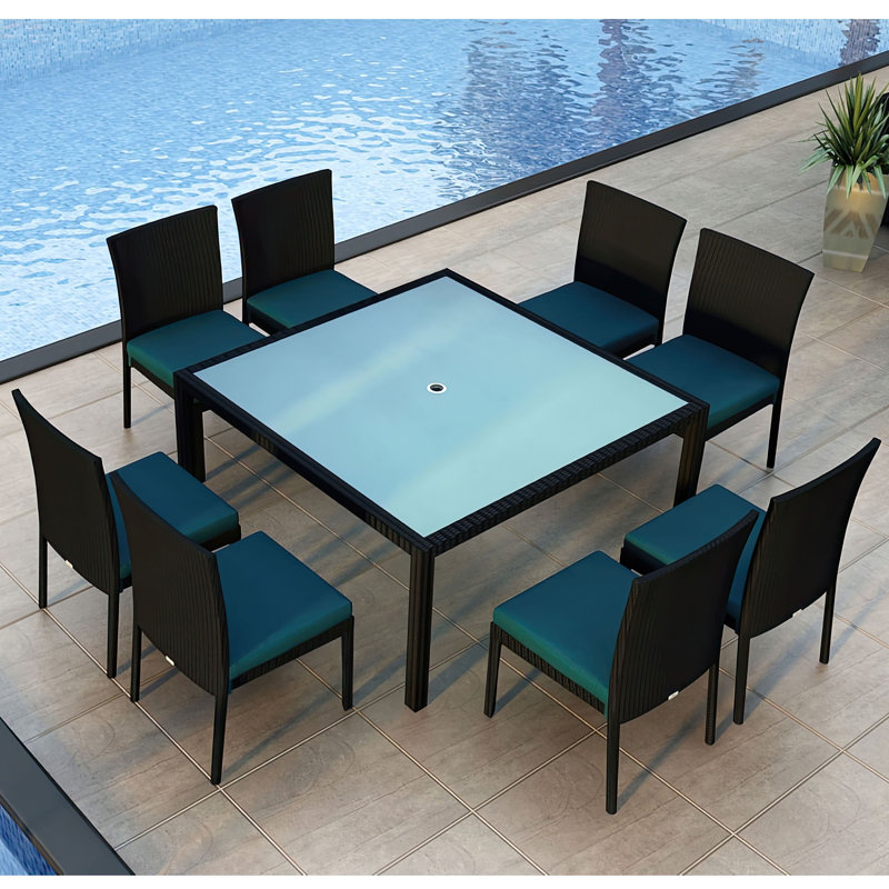 Kaneb Wicker Patio Dining Set with Square Table , Cushions Included, Canvas Charcoal Sunbrella® Canvas
