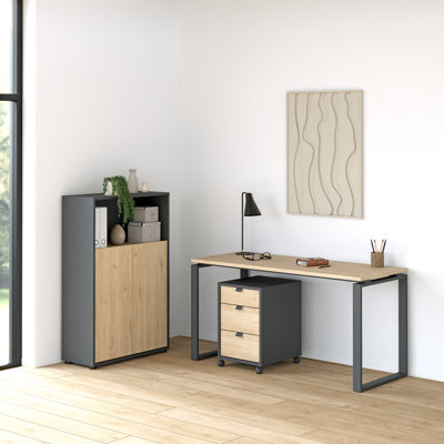 Sign 3-Piece Office Set -3 Drawer Mobile Cabinet, 59" Writing Desk With Steel Legs And 3 Shelf Bookcase With Doors, Matte Grey/Jackson Hickory