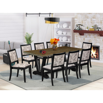 9-piece kitchen set consists of a kitchen table with tabletop and 8 stackable chairs with White and Gray Pattern Polyester Fabric - Wire-brushed Black