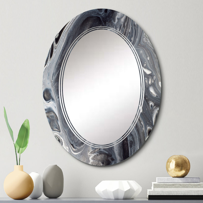 Marbre ondulé dans des tons de gris - miroir mural moderne ovale, 30 po x 20 po