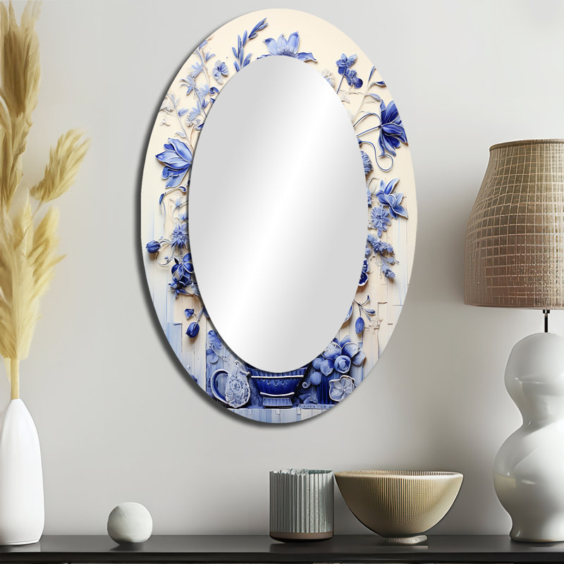 Décoration murale bleu et blanc Boho Plant Pottery II - Miroir mural ovale bleu, H 36 po x l 24 po
