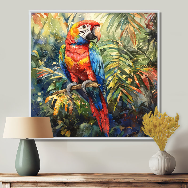 Cielle, perroquet tropical dans la forêt tropicale II - art mural grand perroquet, Impression encadrée flottante, Blanc