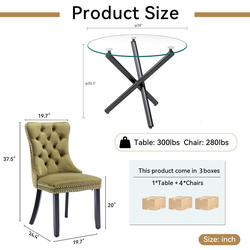 36" Glass Dining Room Table Set for 4, 5-Piece Round Black Dining Table with Metal Legs,  4pcs Velvet Upholstered Chairs with Wood Legs, Glass Kitchen Table and Chairs Set