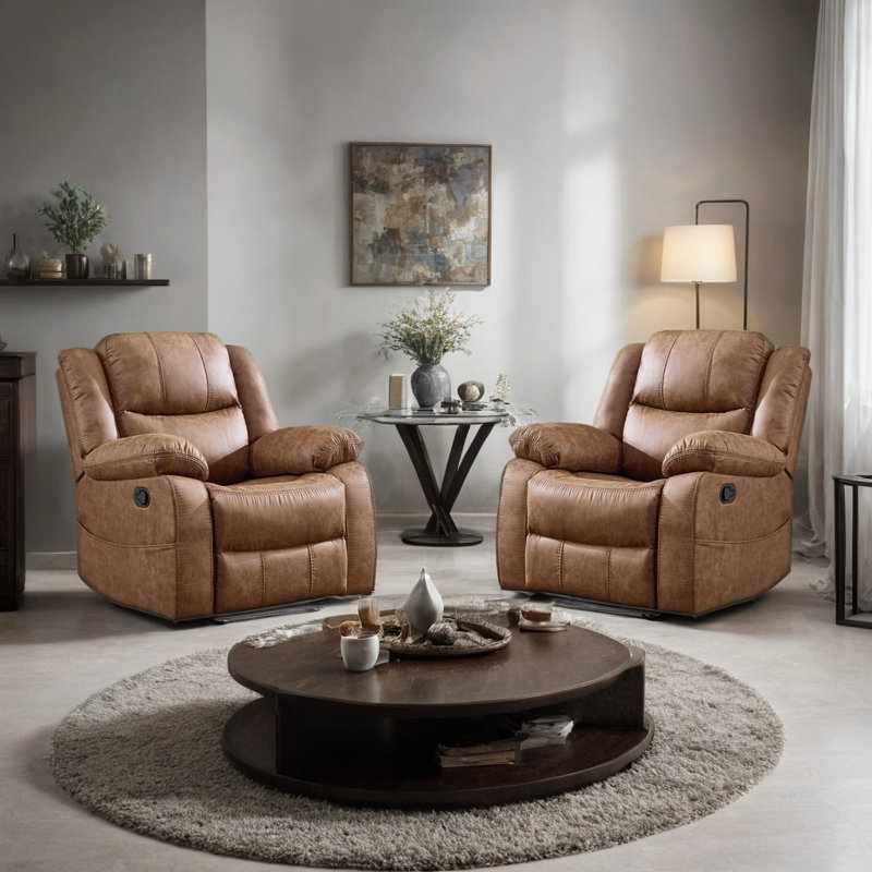 Ensemble de salon inclinable manuel en cuir 2 pièces avec accoudoirs coussinés, Brun