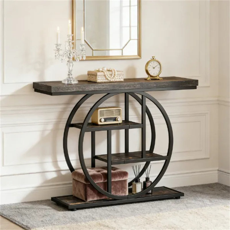 Console industrielle marron rustique avec base circulaire et étagères à 4 niveaux