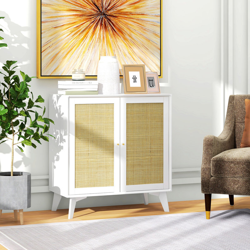 Burce Kitchen Storage Cabinet with 2 Rattan Doors, Buffet Sideboard Cabinet with Shelf