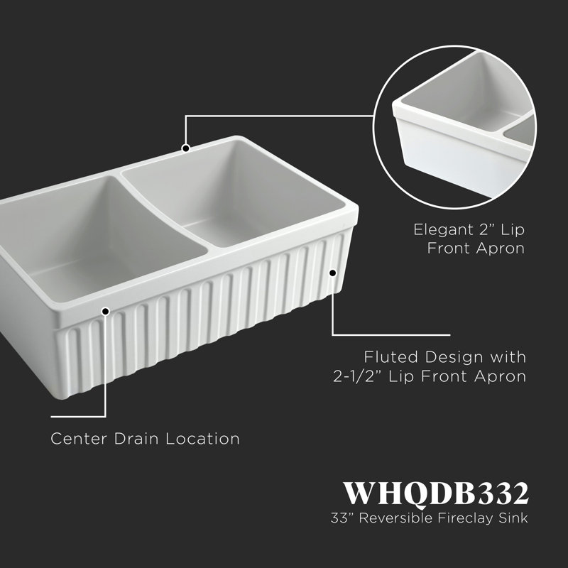 FarmhausQuatro 33" x 20" Double Bowl Front Apron Fireclay Sink, Glossy White