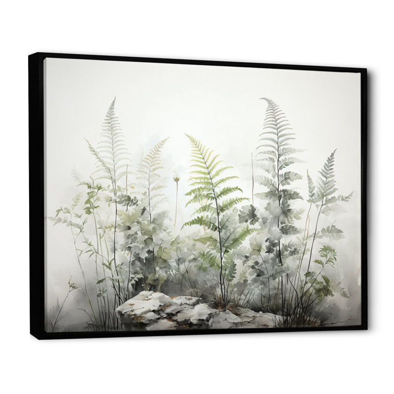 Ferns Silver Whispers I - fougères, art mural encadré, H 16 po x l 32 po x P 1 po, Cadre flottant noir