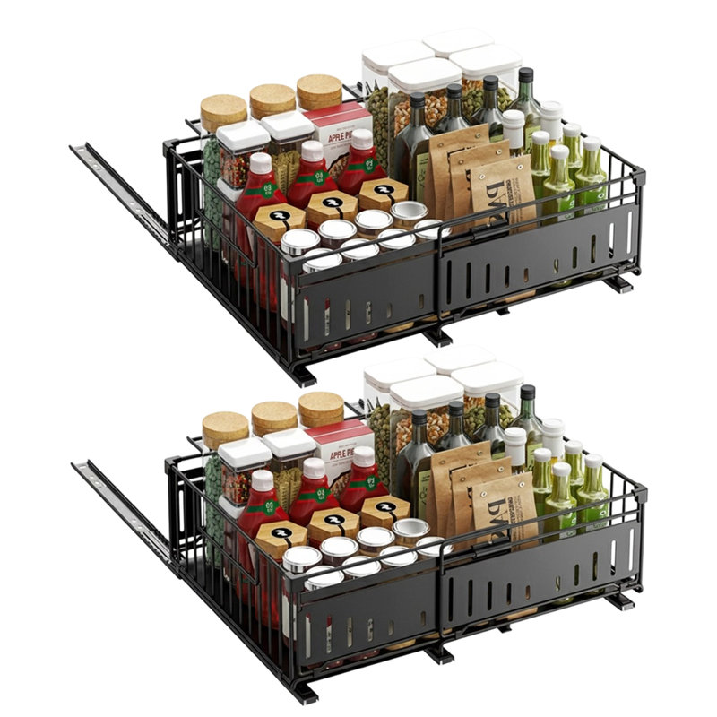 Expandable Pull-Out Kitchen Storage Rack, Carbon Steel, 39x49.5cm Organizer for Cabinet & Under Sink, No-Drill Adhesive Install, Silent Glide, Rust Resistant, Black – 1 Piece