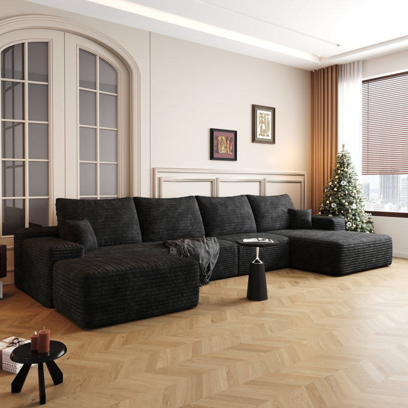 Boneless Cloud Sectional Sofa With 1 Ottoman, Black, Left Hand Facing, 37.8" H x 135" W x 69.7" D