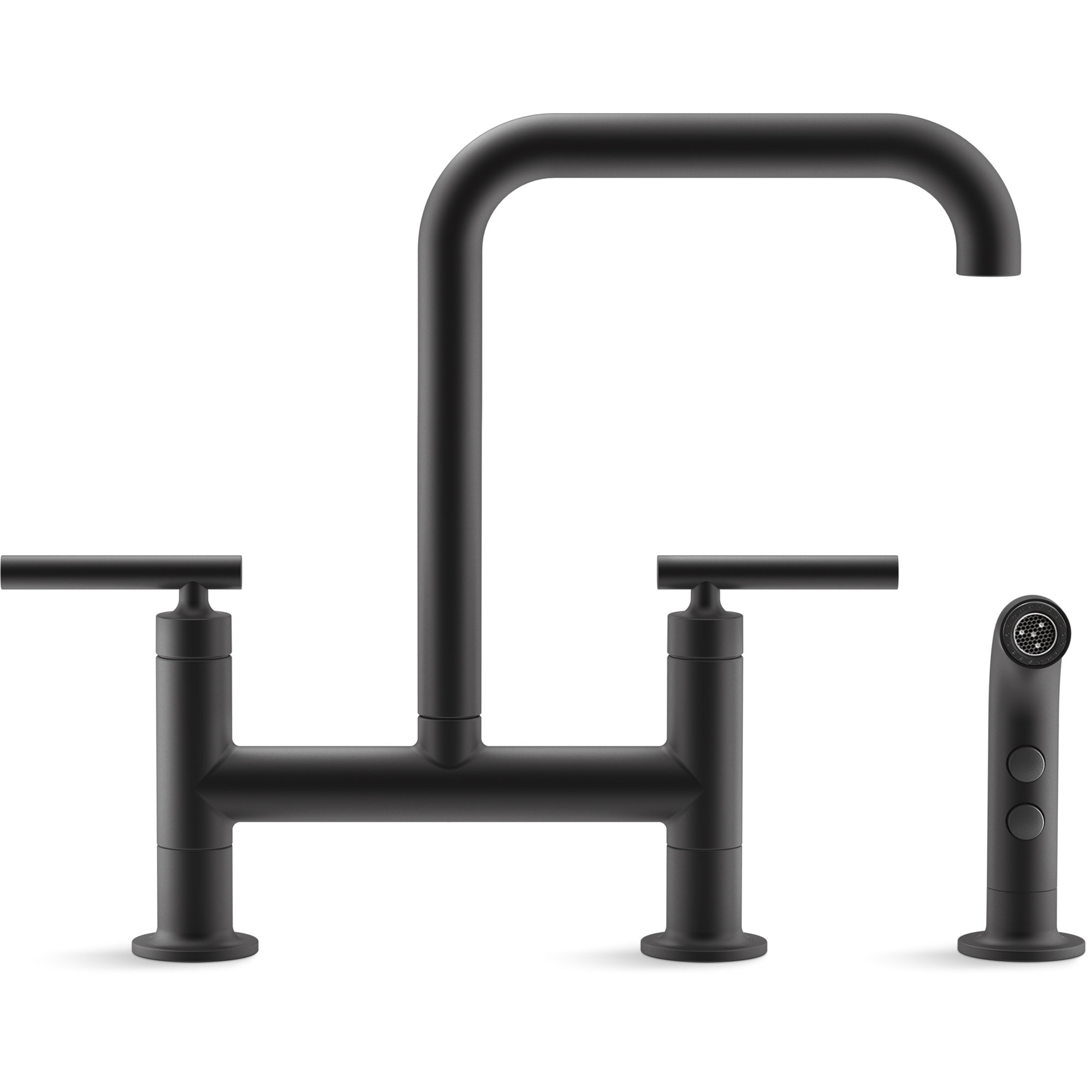 Kohler Purist Two Handle Deck-Mounted Bridge Kitchen Sink Faucet with Pull Out Side Sprayer, Matte Black