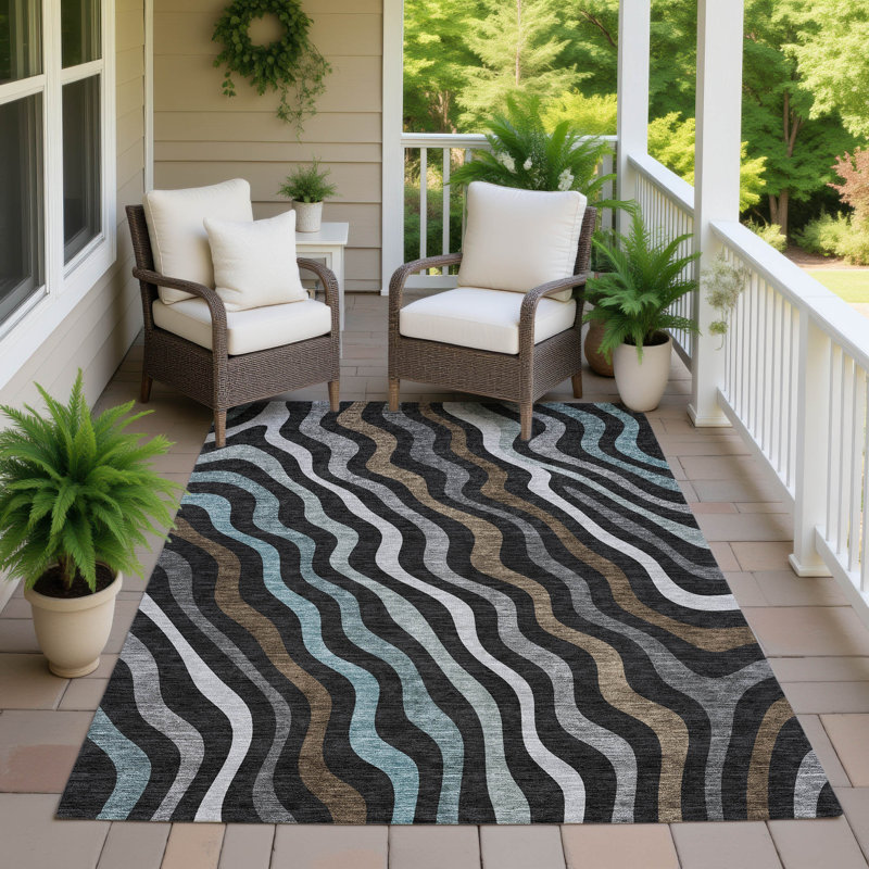 Machine Washable Indoor/Outdoor Chantille ACN2570 Abstract Rug, 5' x 7'6", Black