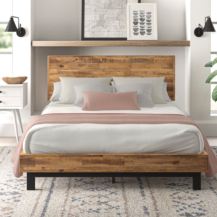 Lirim Rustic Solid Wood Platform Bed with Adjustable Headboard