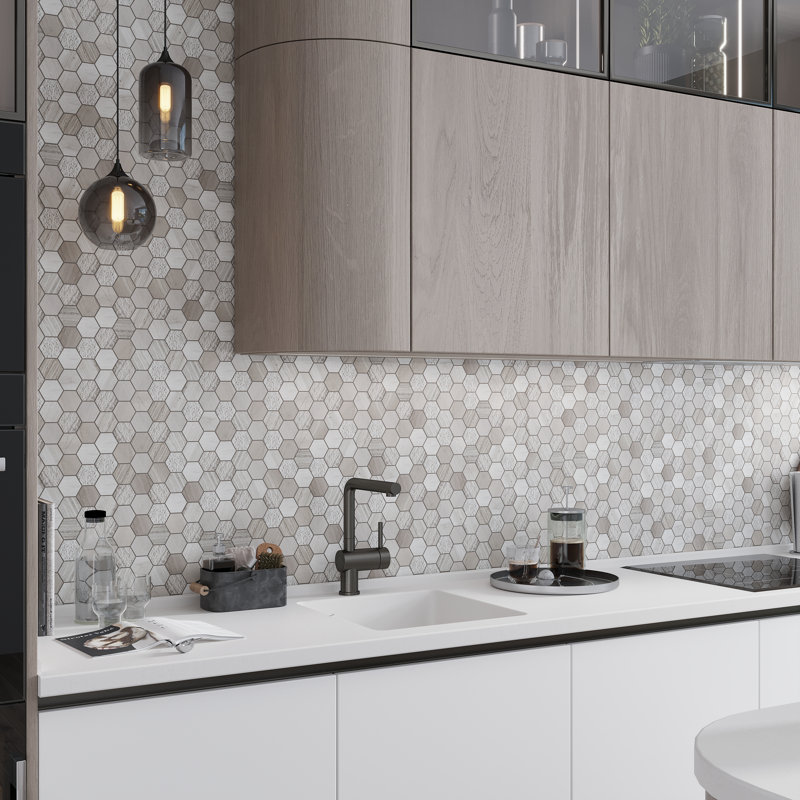 Textured Honeycomb Hexagon Wooden Marble Mosaic Tile, Gray