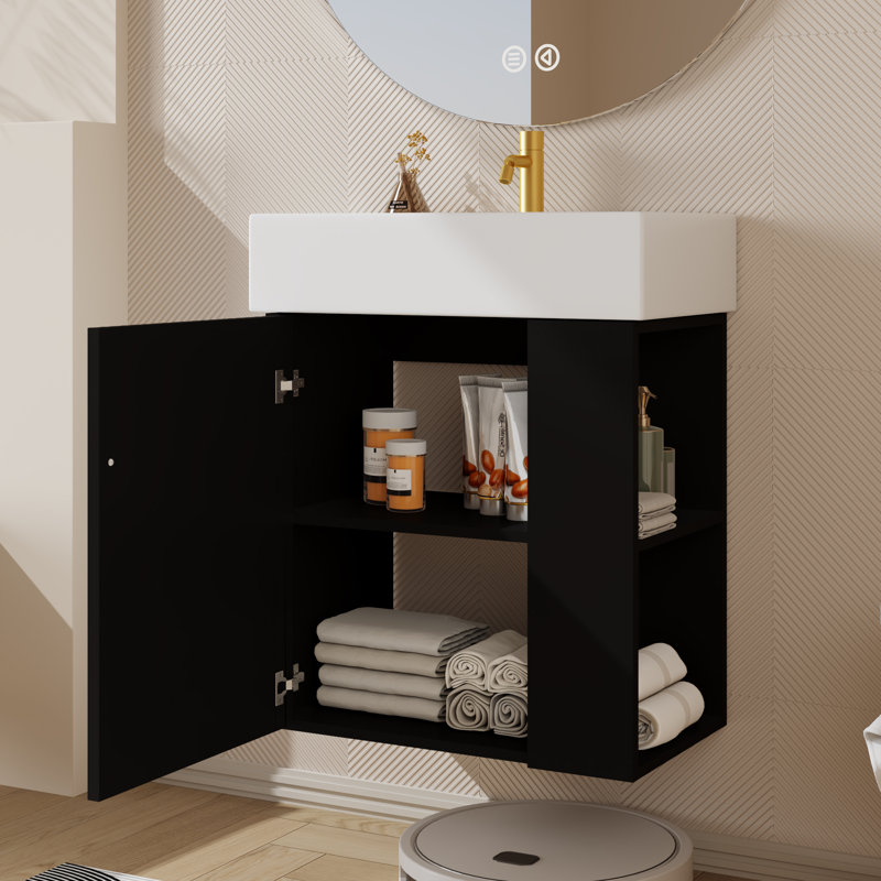 Meuble-lavabo flottant simple 21,6 po avec dessus Lynice, Noir, Doré