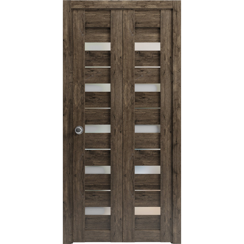 Portes coulissantes pliantes pour garde-robe | Chêne gris clair avec verre givré Quadro 4445 | Ensemble de quincaillerie de moulures robustes à moulures | Portes de garde-robe de chambre en bois massif