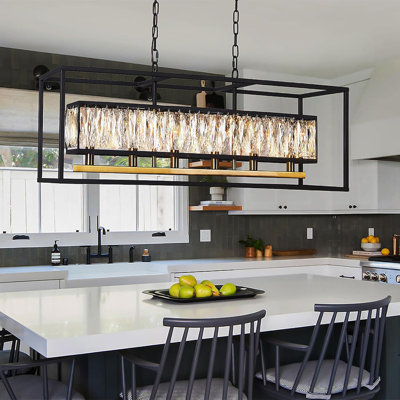 Modern Crystal Chandelier With Black And Gold Finish, 6-Light Linear Pendant Light Fixture For Dining Room, Living Room, And Kitchen Island
