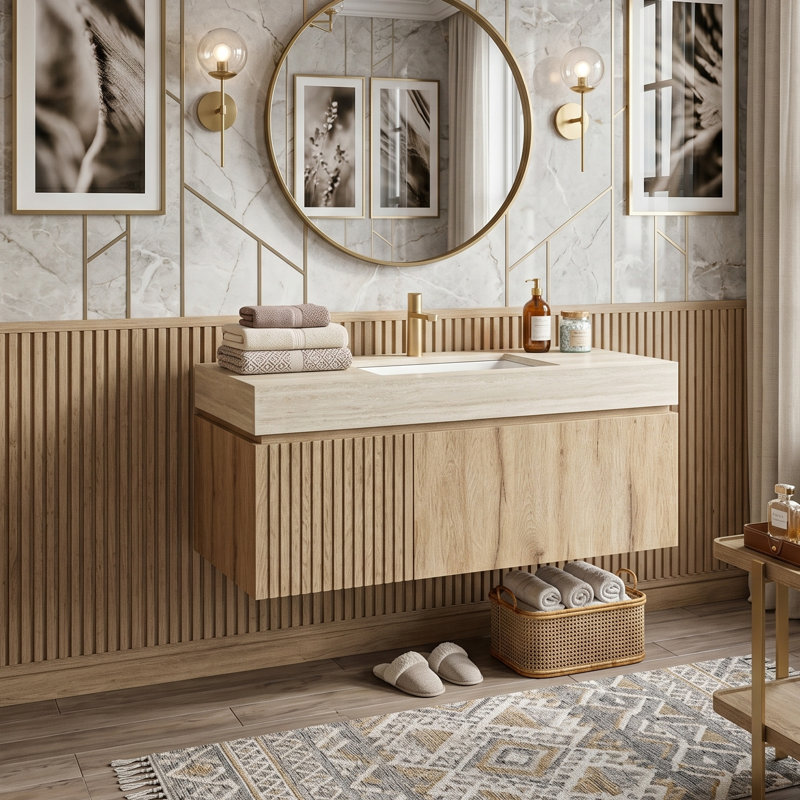 Meuble-lavabo mural 36 po avec comptoir en pierre frittée et lavabo en céramique, armoire de rangement avec 1 tiroir et porte à fermeture en douceur
