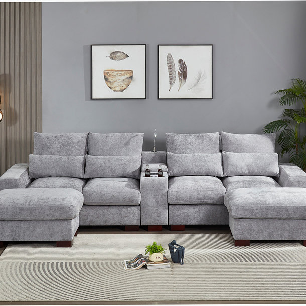 Canapé modulaire moderne avec console, port de charge USB, lampe de lecture, porte-gobelet, Tissu beige
