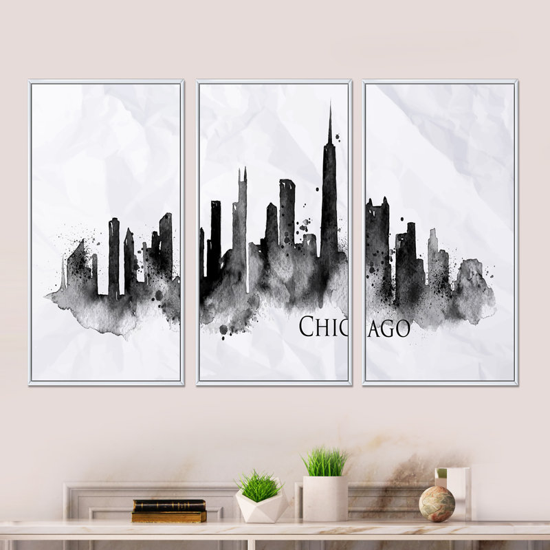 «Chicago Black Silhouette - Cityscape», ensemble d'art mural sur toile, Blanc, H 32 po x l 48 po