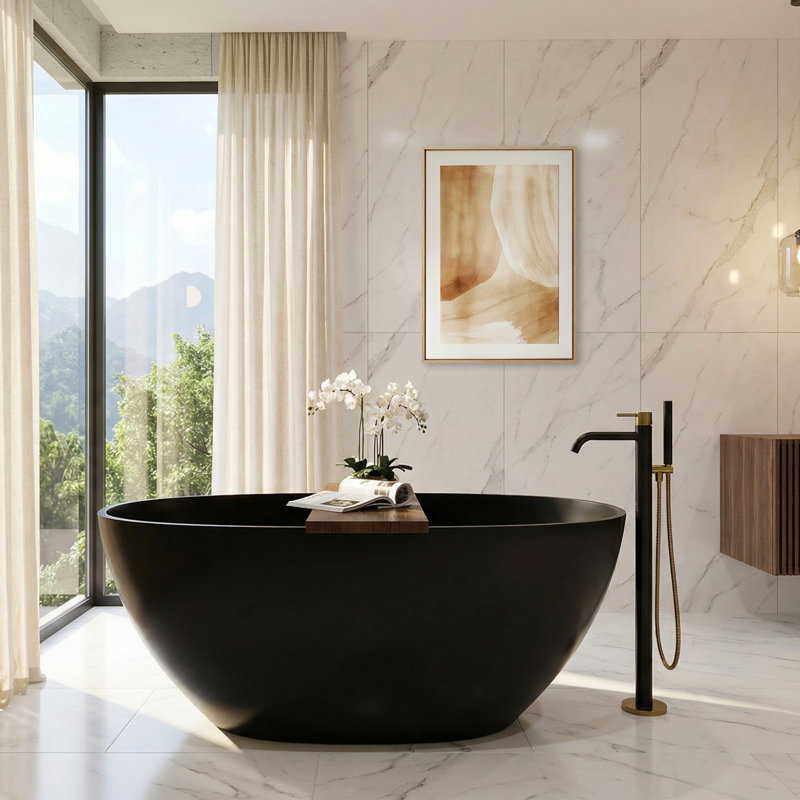 Euston 55" x 30" Freestanding Soaking Stone Rein Bathtub, Matte Black