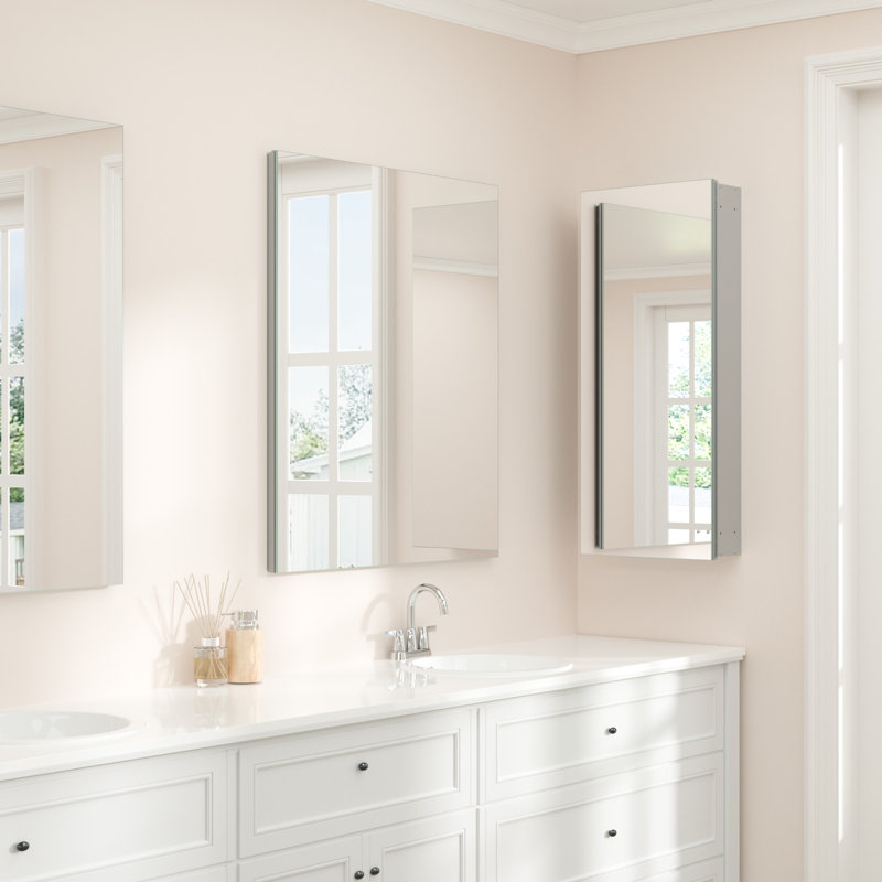 Husai Recessed or Surface Mount Aluminum Frameless Medicine Cabinet With Mirrored Door and Adjustable Shelves, Silver