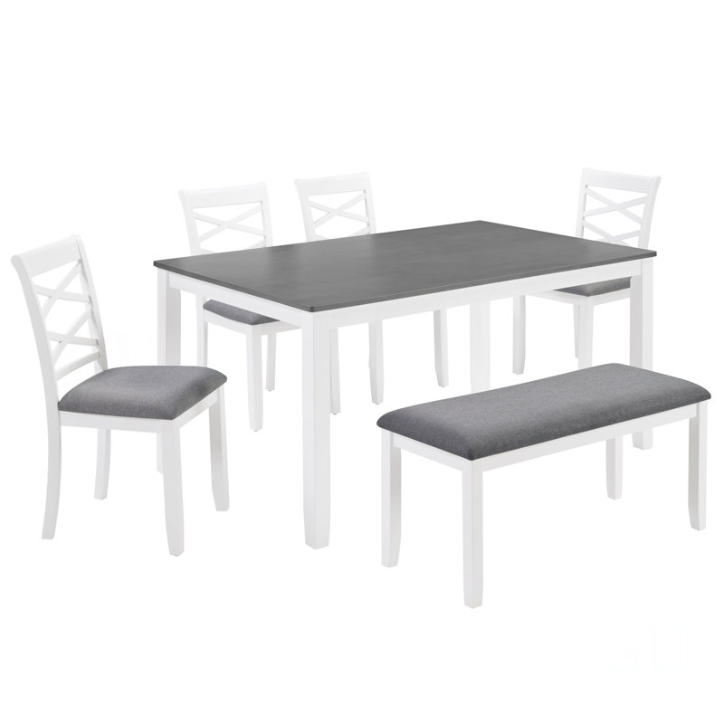 Ensemble de salle à manger moderne 6 pièces avec table en bois, banc, deux tons gris et blanc, pour salle à manger et cuisine, 6 sièges
