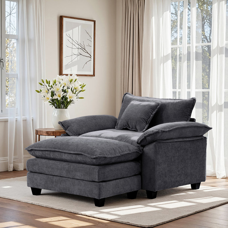 Chenille Oversized Accent Chair with Ottoman - Wide Plush Upholstered Single Sofa | Comfy Large Armchair for Living Room, Modern Cozy Furniture with Footrest, Heavy-Duty Lounge Chair
