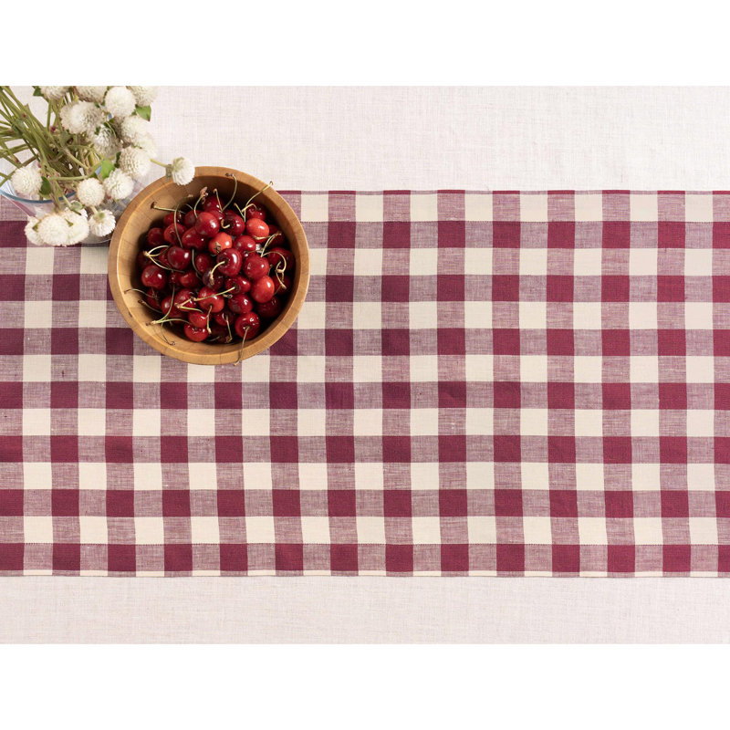 Morgan Check - 100% Pure Linen Table Runner, 36" x 14", Beet/Cream