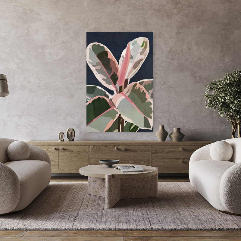 Bleu marine et rose plante abstraite contemporaine élégante rose nature plante murale, H 48 po x l 32 po