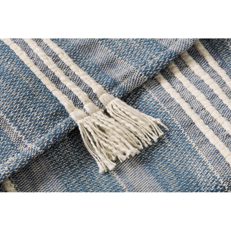 Blue Cotton Handwoven Throw Blanket with Fringe
