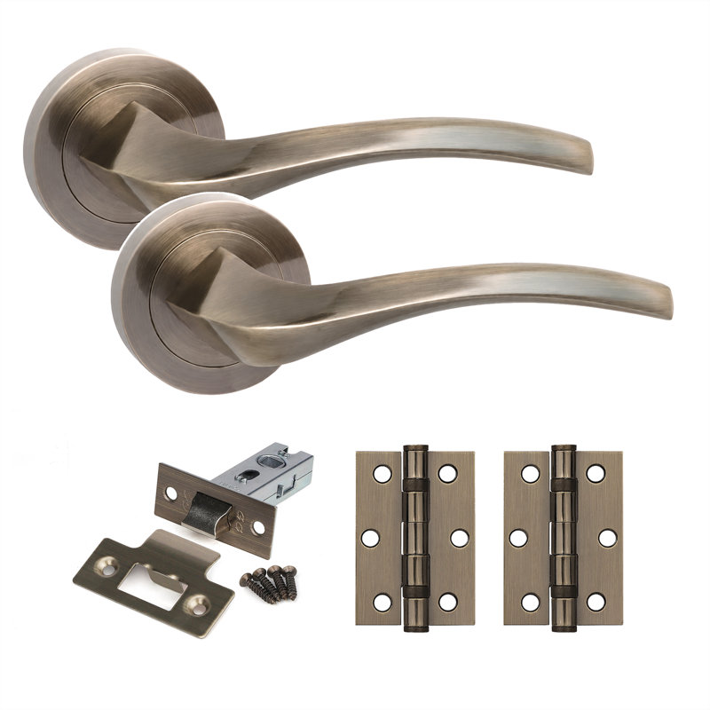 Golden Grace 5 Pairs Grove Design Door Handles on Round Rose Satin Nickel and Polished Chrome Durable Metal Curved Lever Internal Set with Spindle, Fixing Screws and Hinges - 52mm