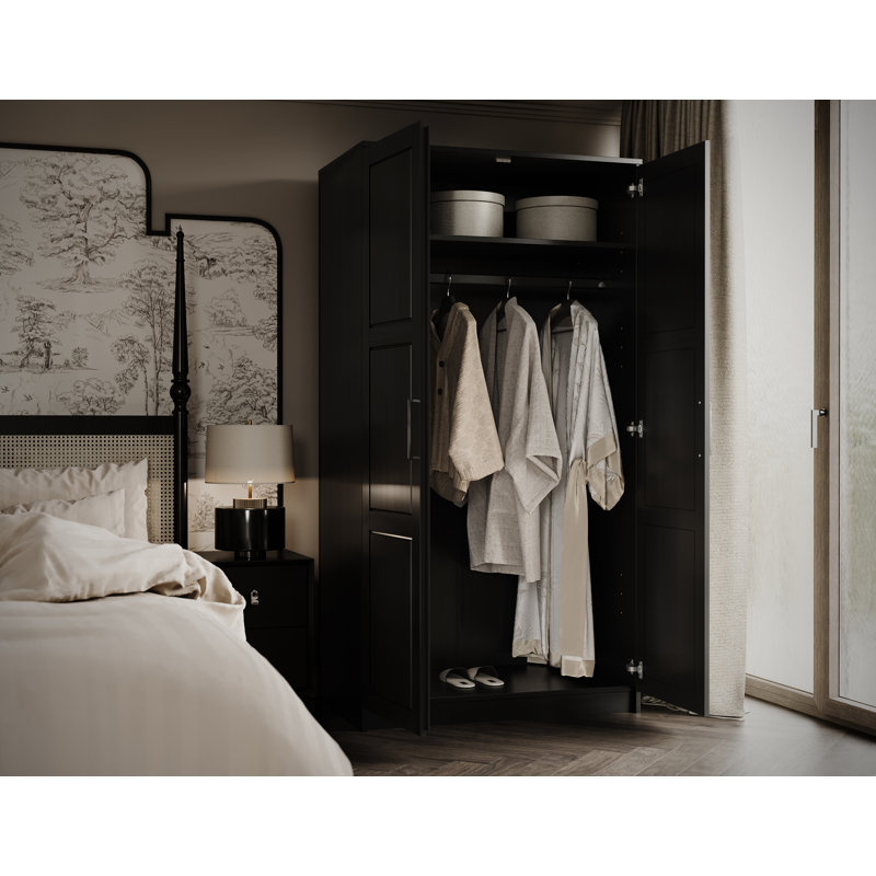 Armoire-penderie 100% bois massif à 2 portes, armoire de rangement autoportante pour chambre à coucher avec tringle et tablettes réglables